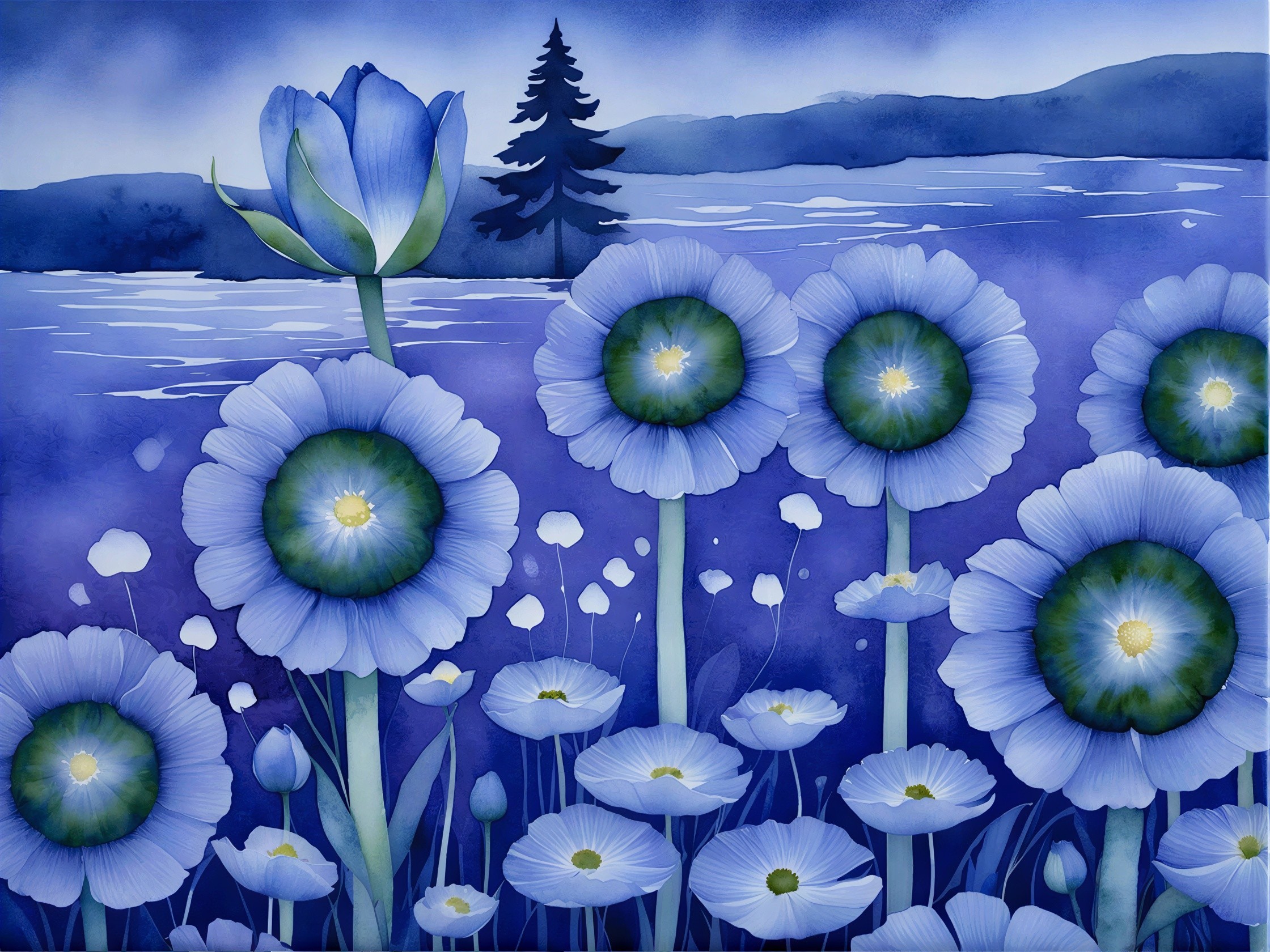 Watercolor Painting of Blue Flowers and Landscape