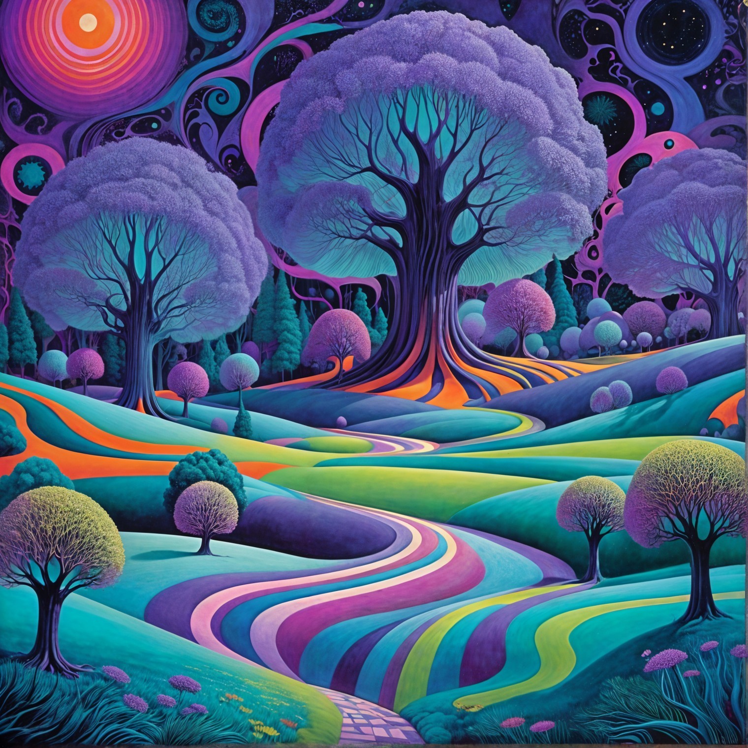 Surreal Landscape with Vibrant Trees and Cosmic Sky