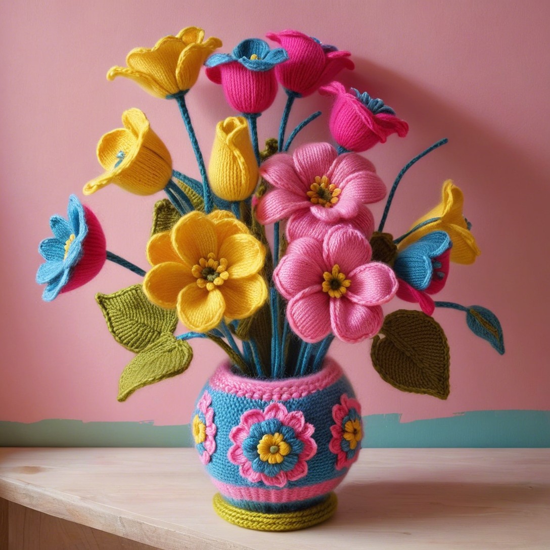 Knitted Flower Bouquet in Decorative Pot with Patterns