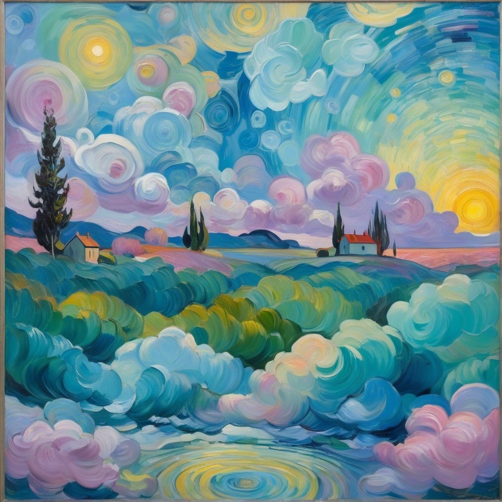 Vibrant landscape with colorful clouds and stylized houses