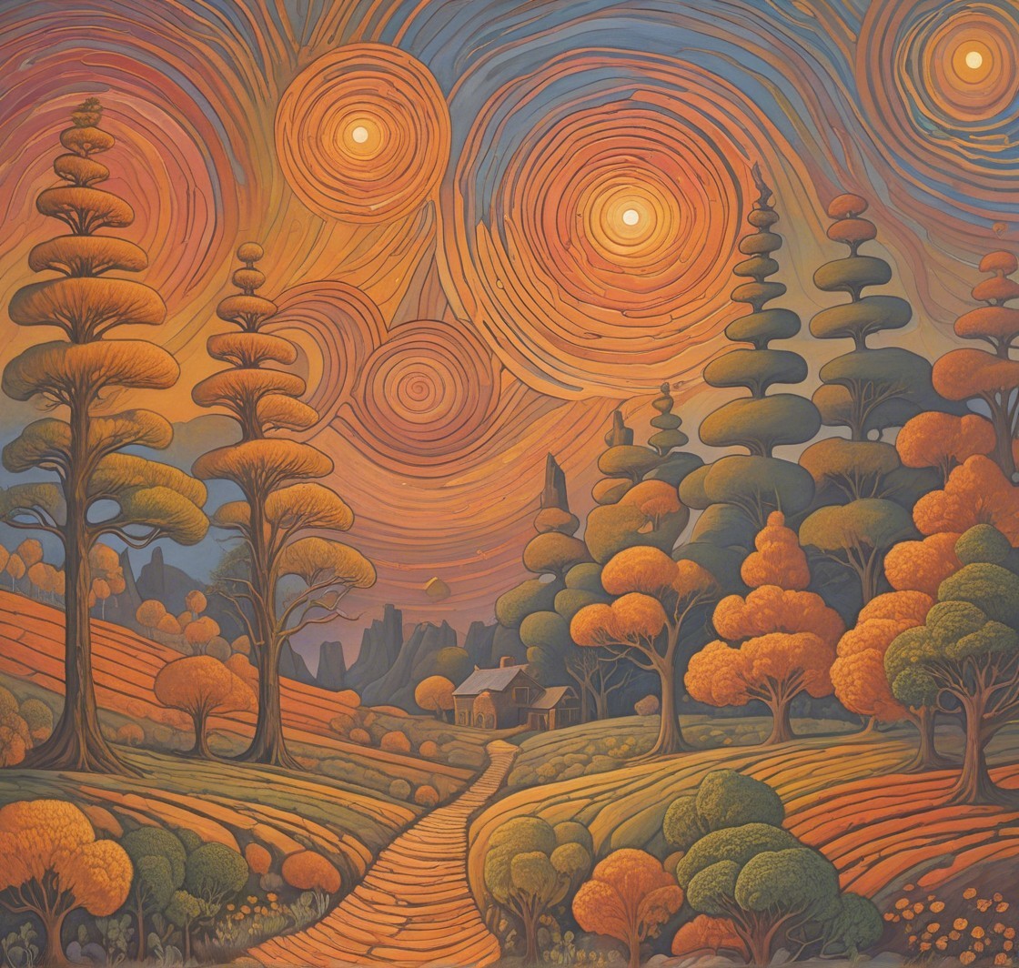 Vibrant Sunset Landscape with Stylized Trees and Hills
