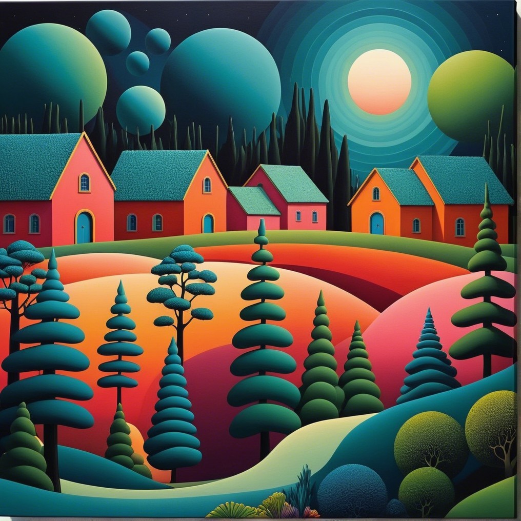 Surreal Landscape with Colorful Houses and Night Sky
