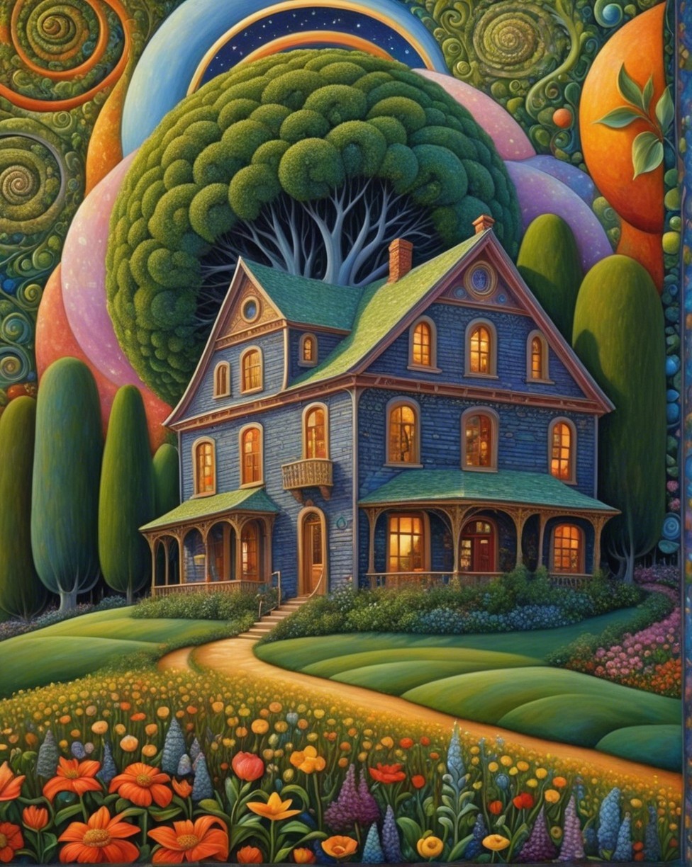 Whimsical Victorian House in a Colorful Landscape