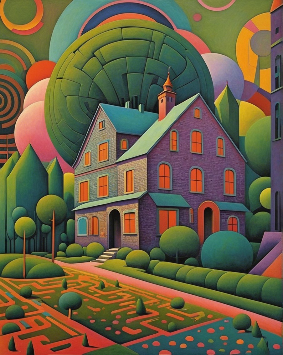 Surreal House Surrounded by Geometric Trees and Patterns