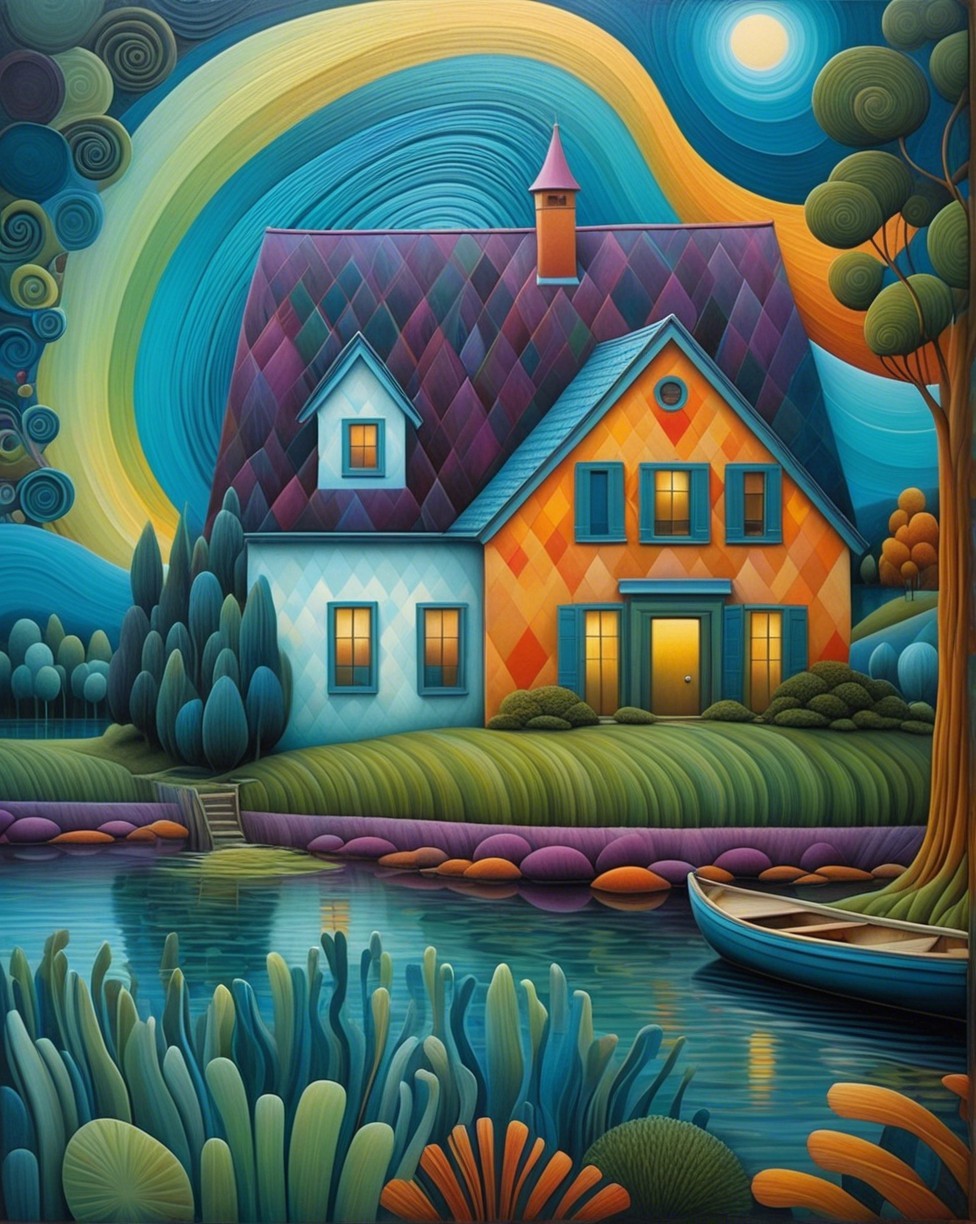 Colorful Whimsical Landscape with Charming House and Water