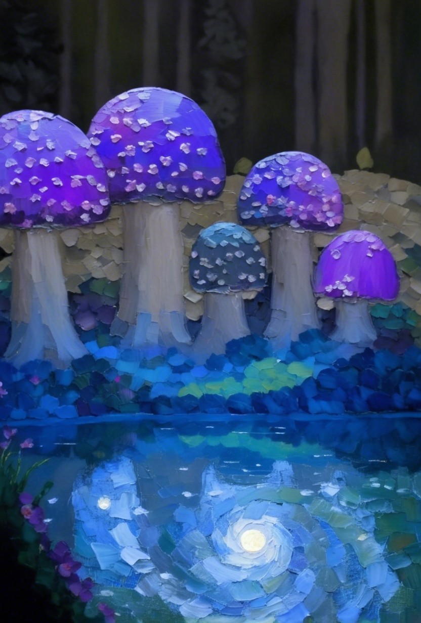Oversized Colorful Mushrooms in a Mystical Forest
