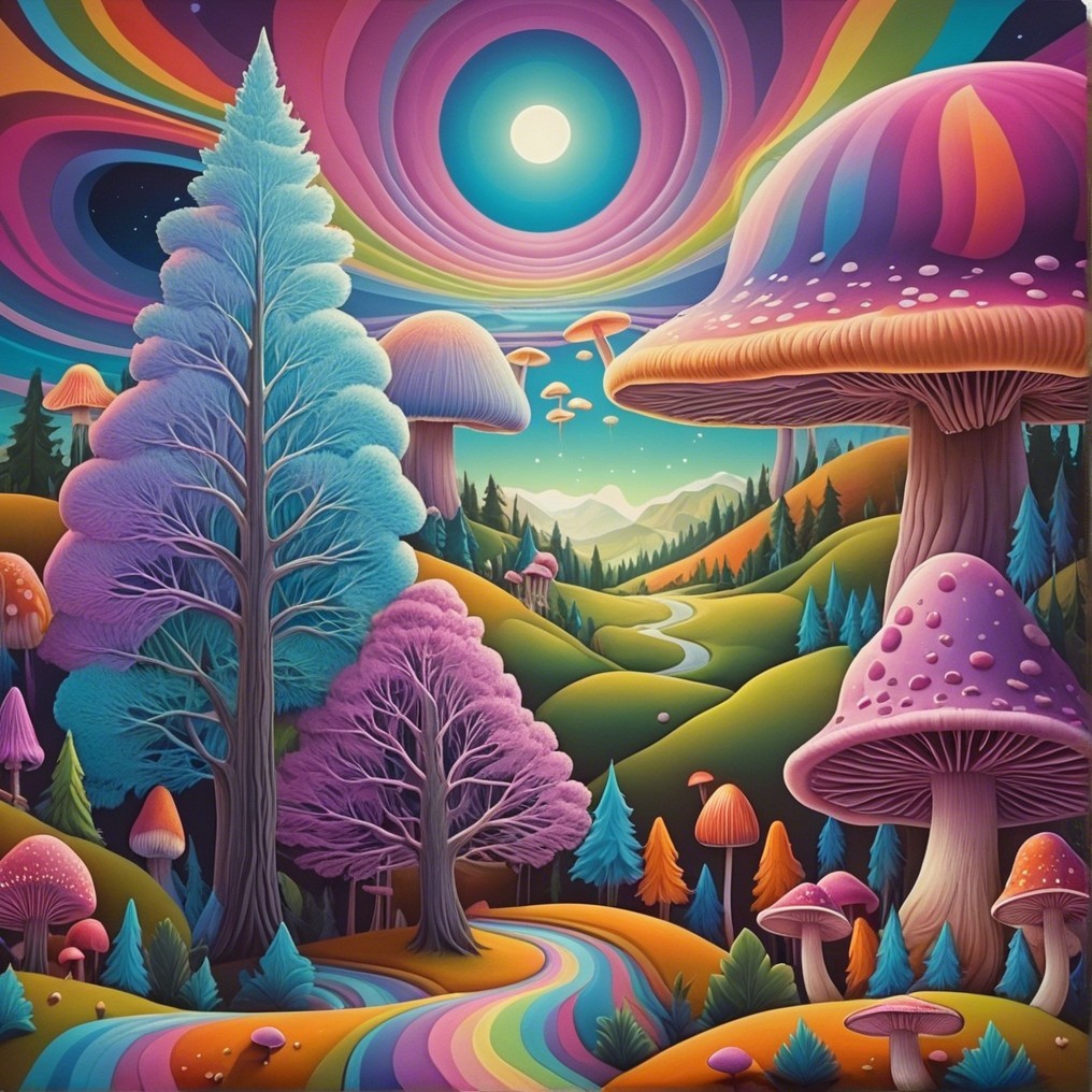 Surreal Landscape with Oversized Colorful Mushrooms