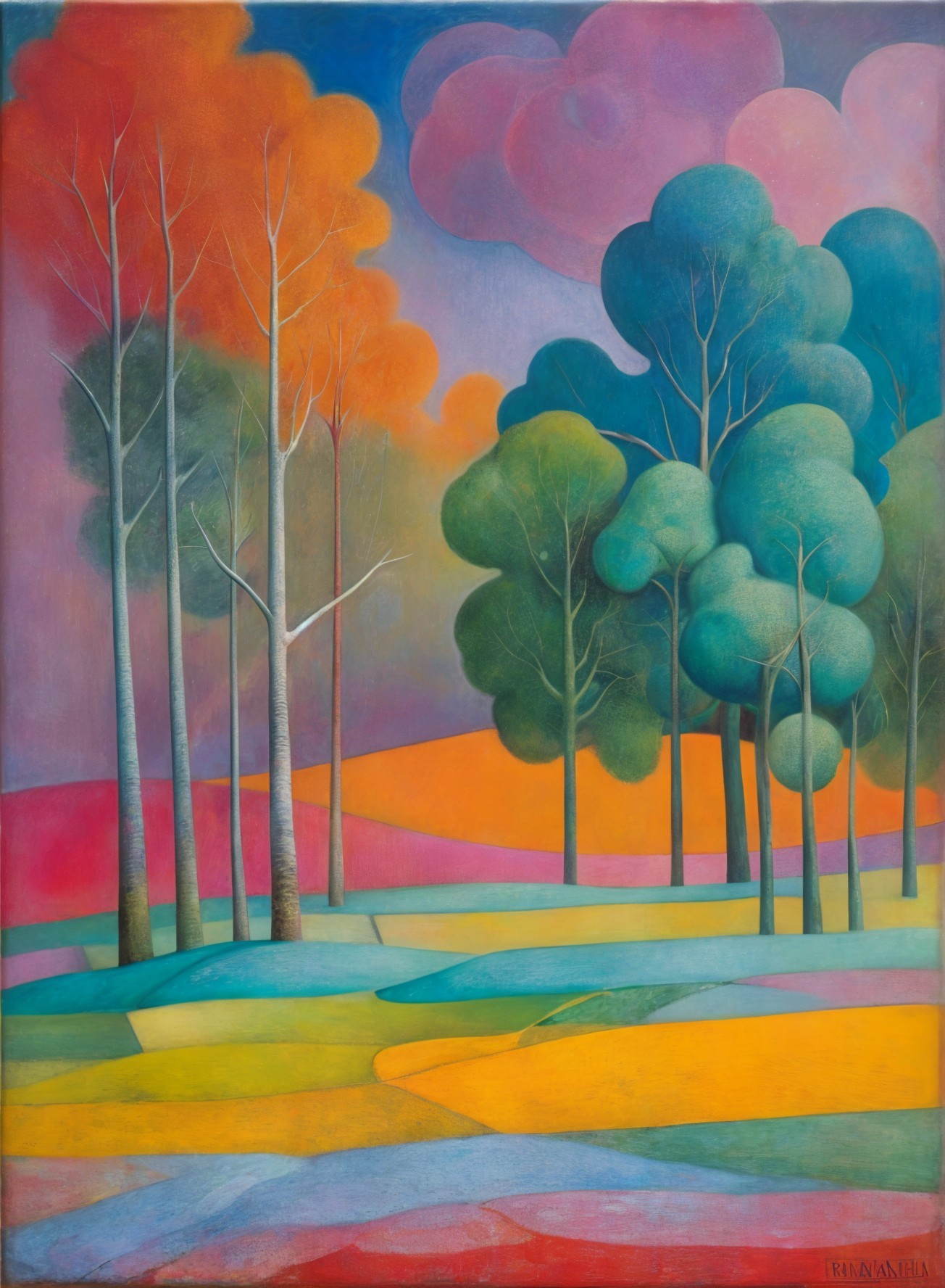 Vibrant Landscape Painting with Stylized Trees and Hills