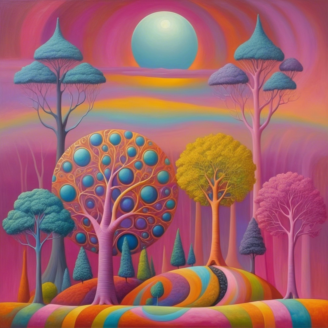Surreal Landscape with Colorful Oversized Trees