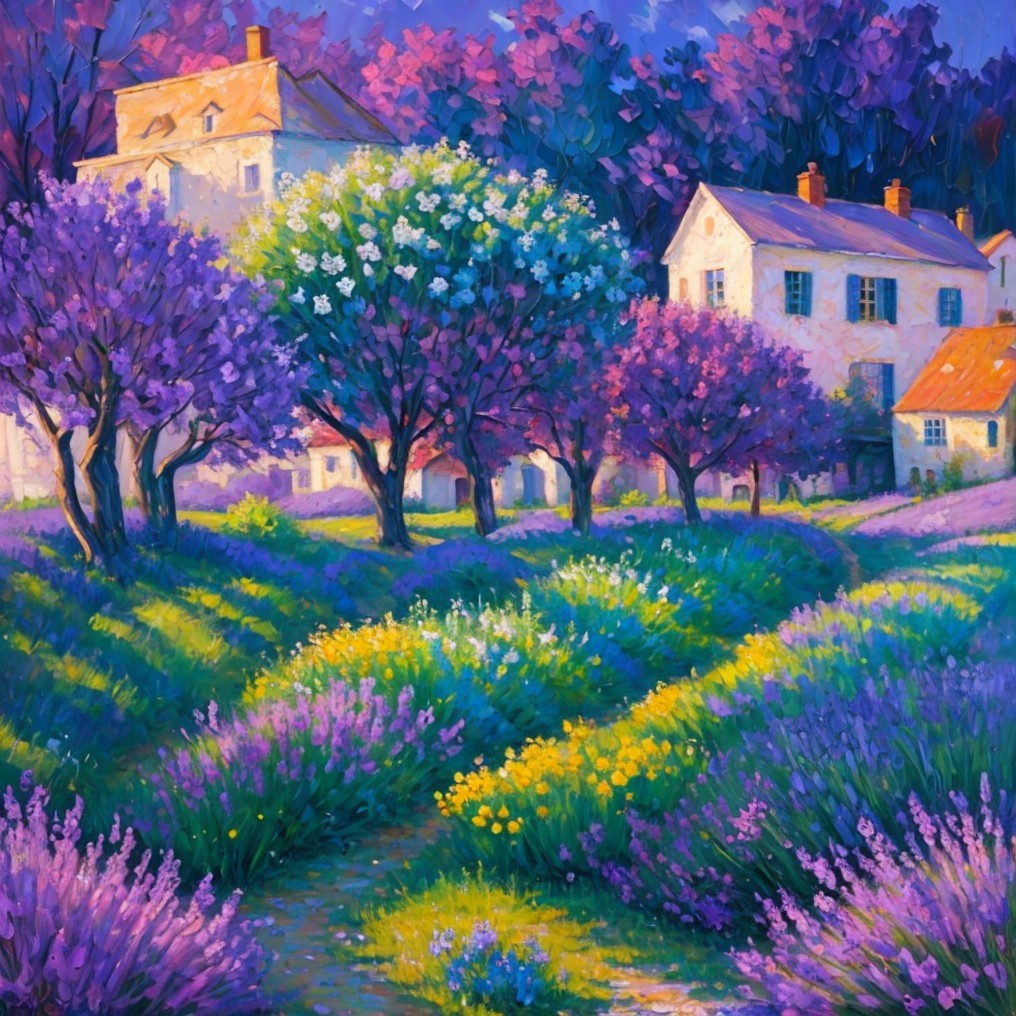 Vibrant Impressionistic Lavender Field Landscape