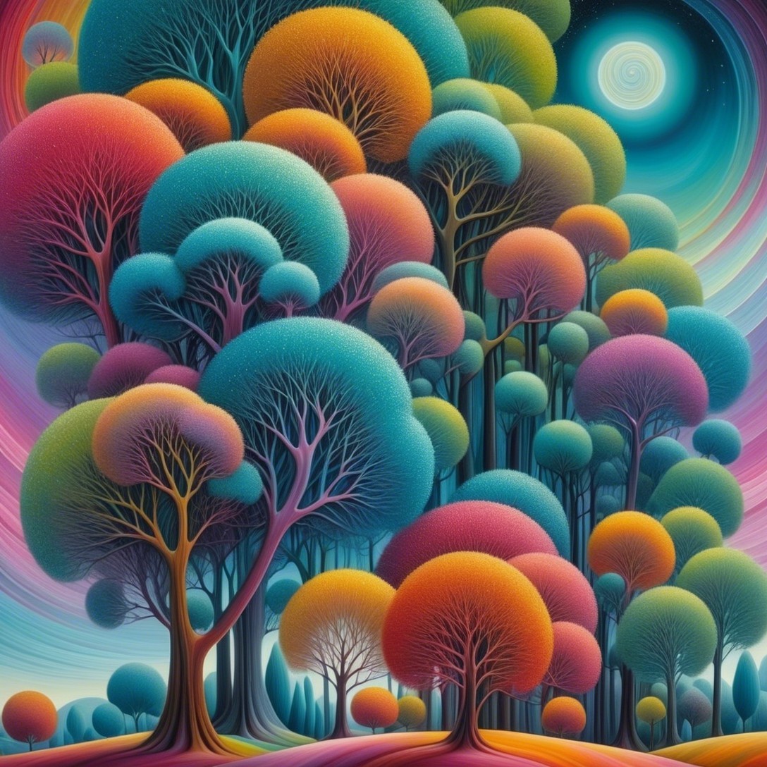 Surreal Landscape with Colorful Trees and Moon