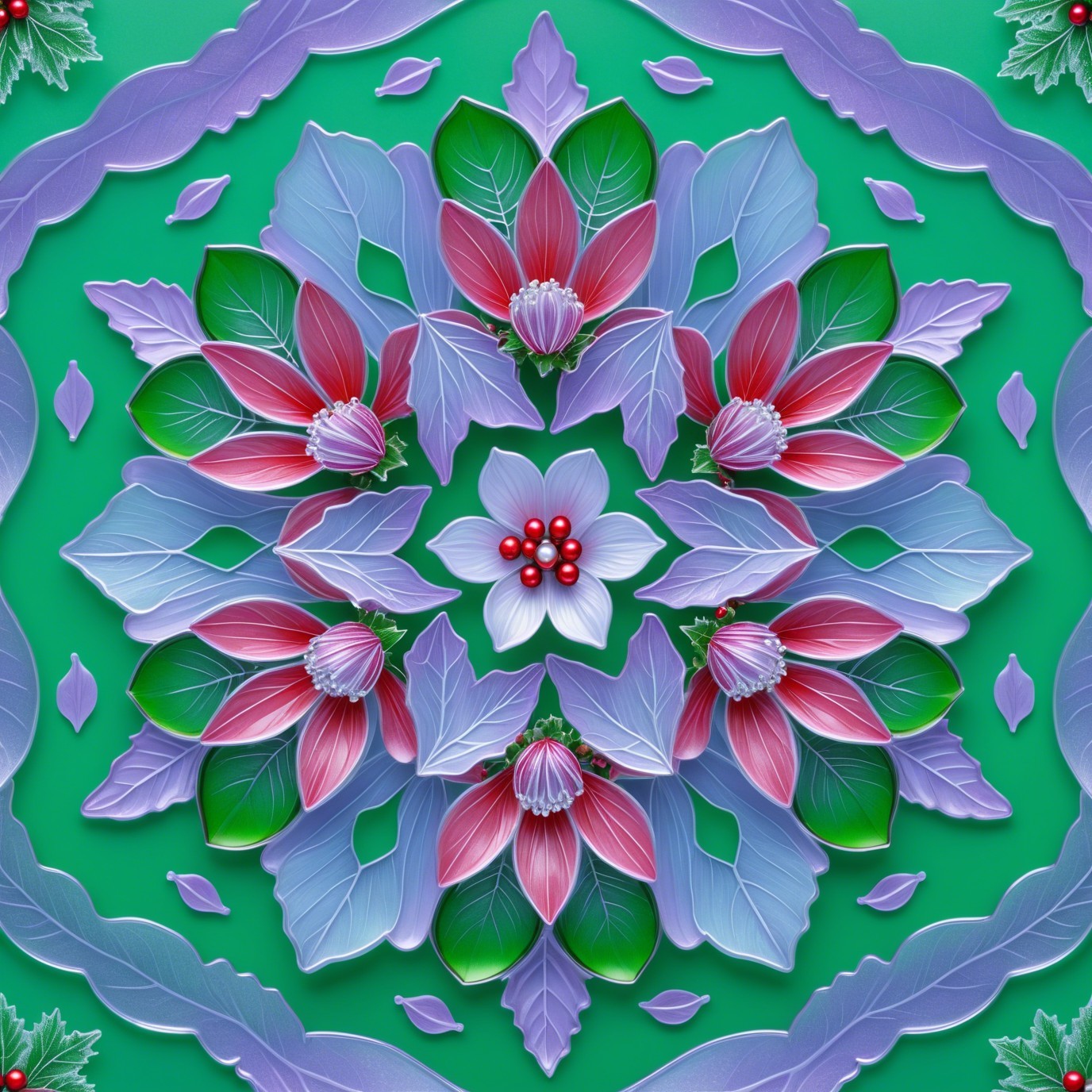 Symmetric Floral Mandala on Lime Green Background