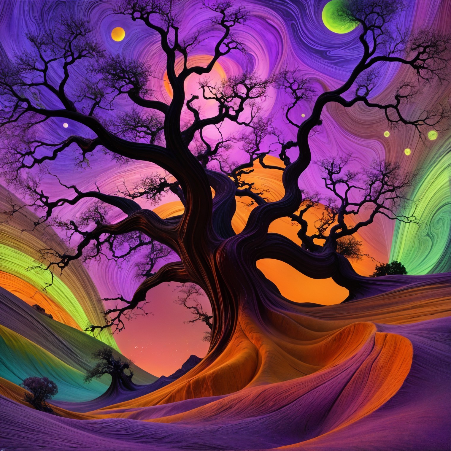 Surreal Landscape with Twisted Black Tree and Colors