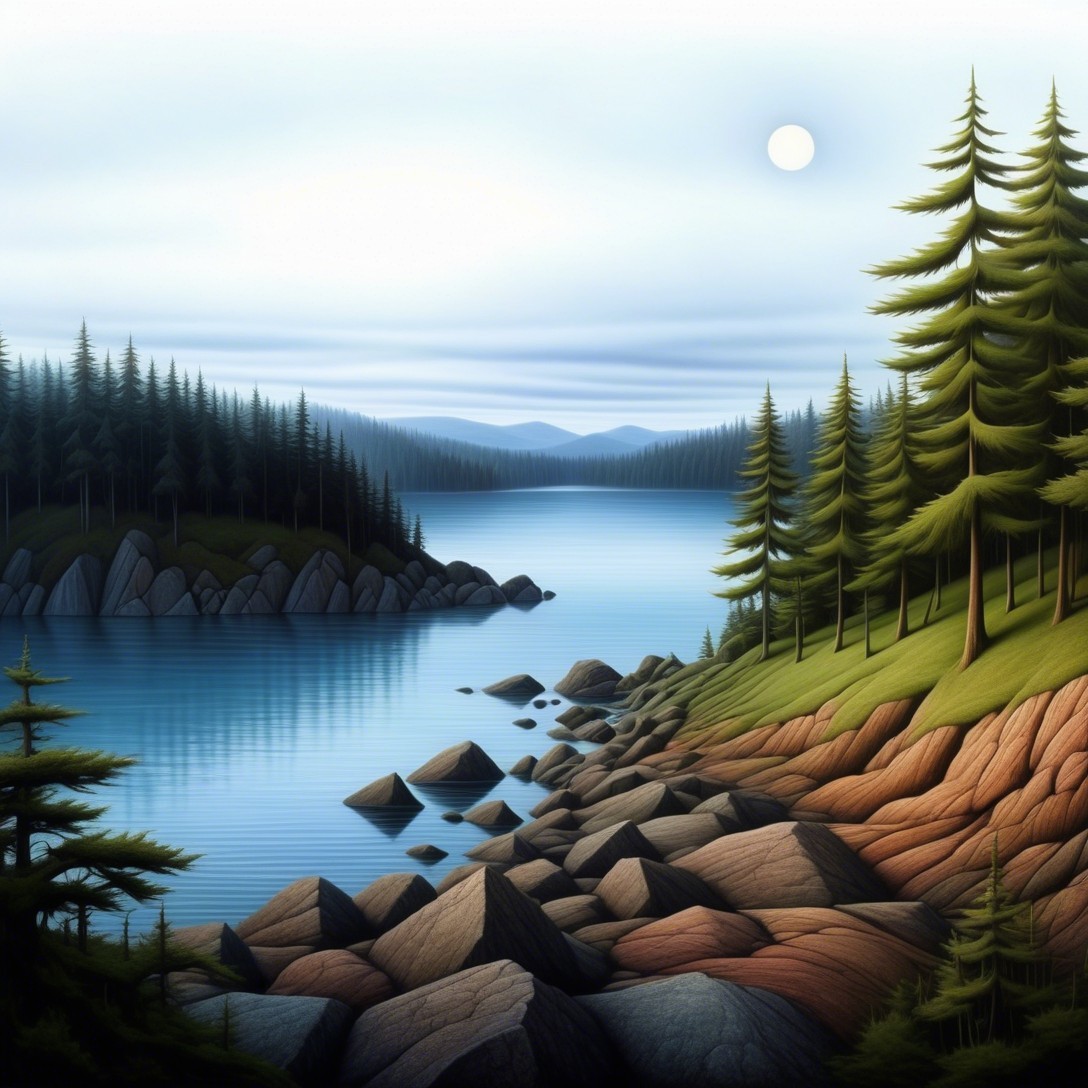 Serene Lakeside Landscape with Evergreen Trees and Mountains