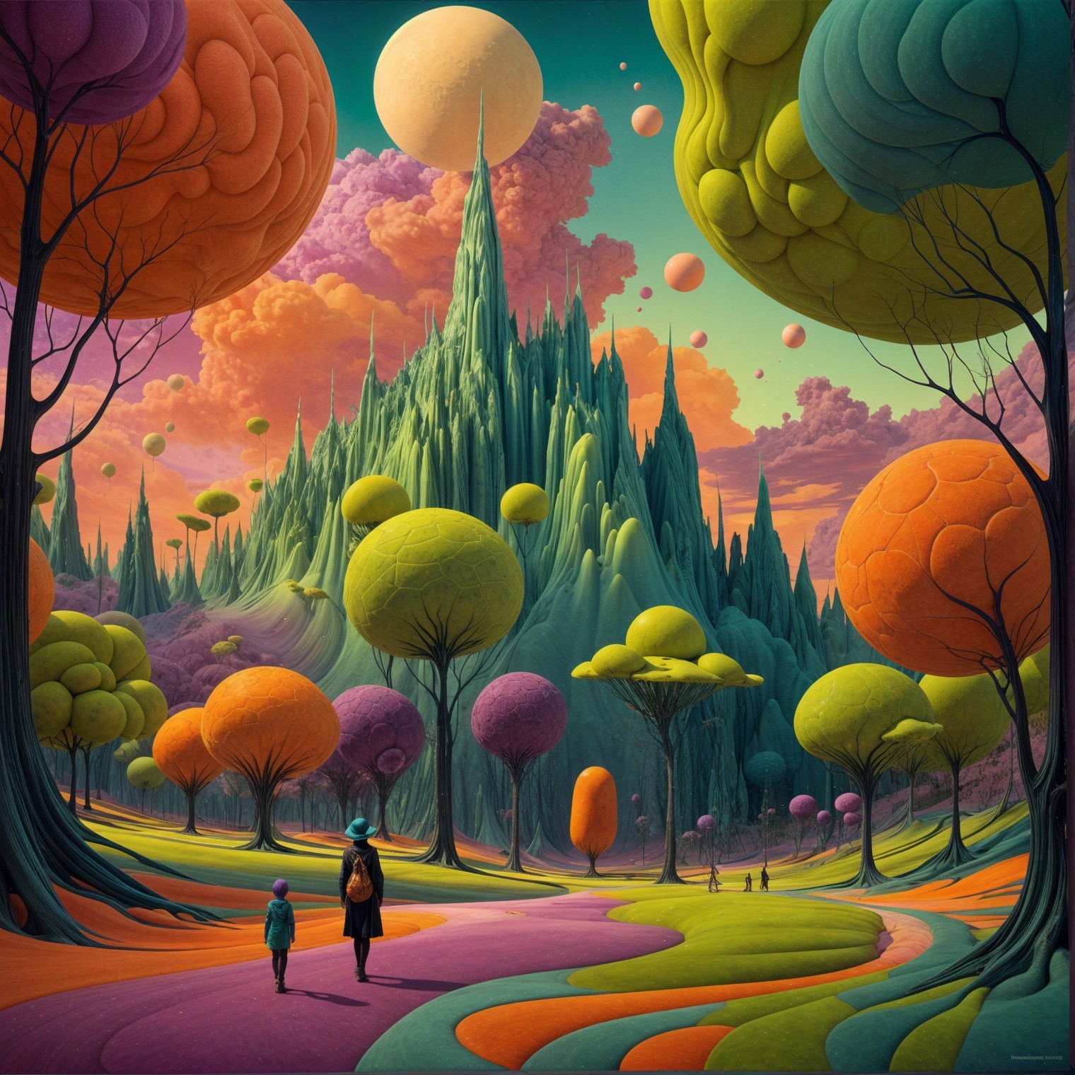 Surreal Landscape with Whimsical Figures and Trees