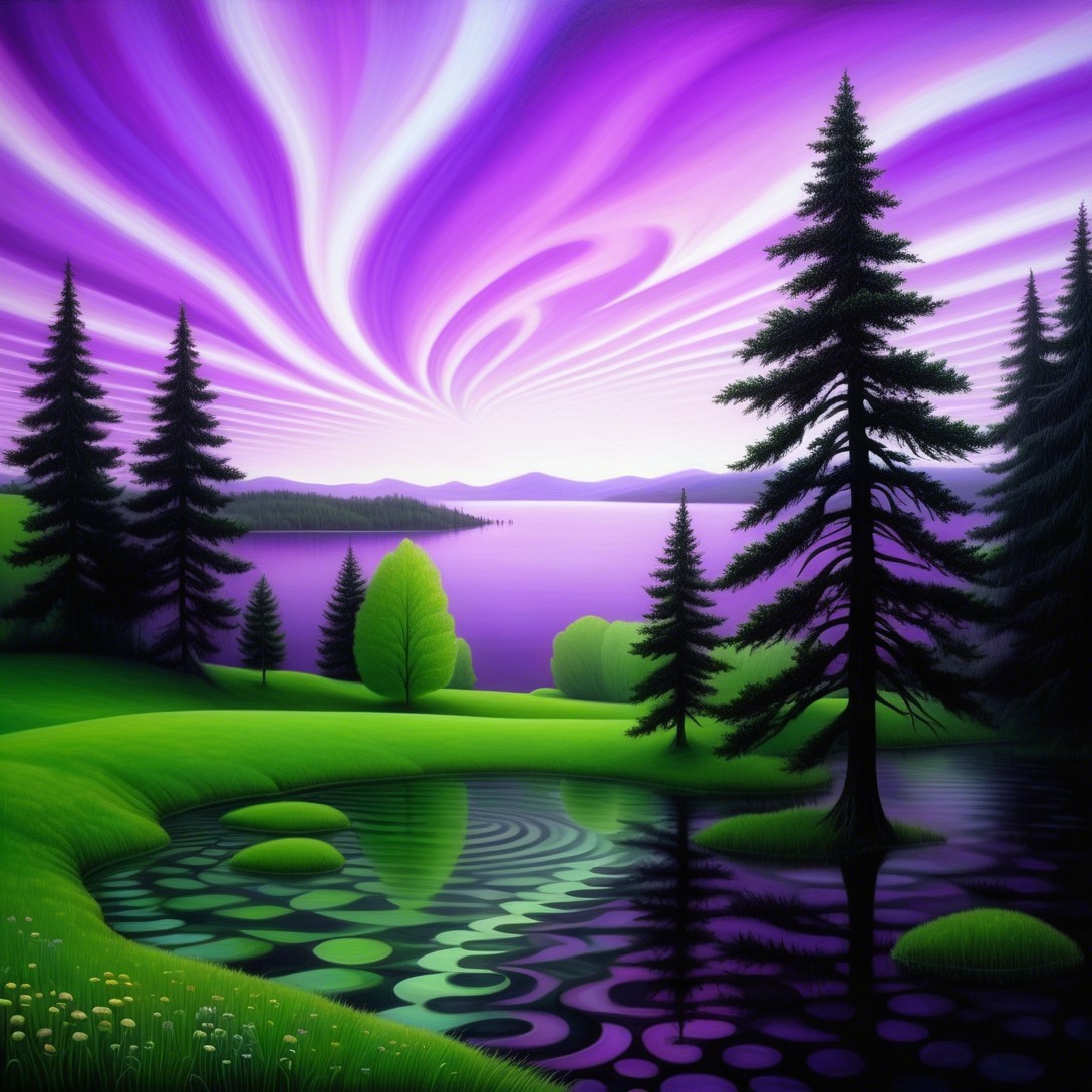 Vibrant Purple Sky Over Tranquil Lake Landscape