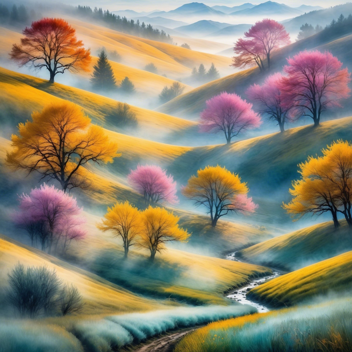 Fantasy Landscape with Rolling Hills and Colorful Trees