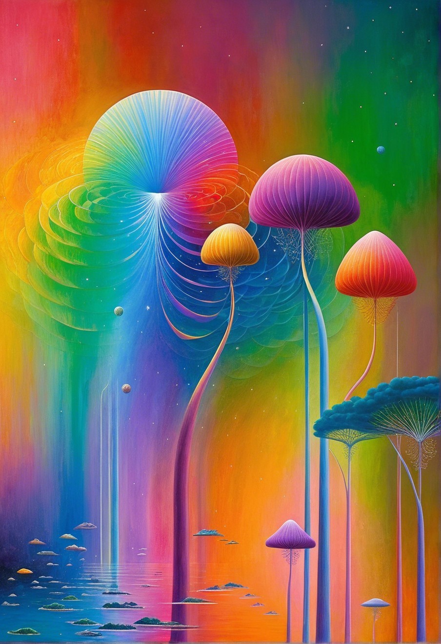 Surreal landscape with glowing mushroom structures
