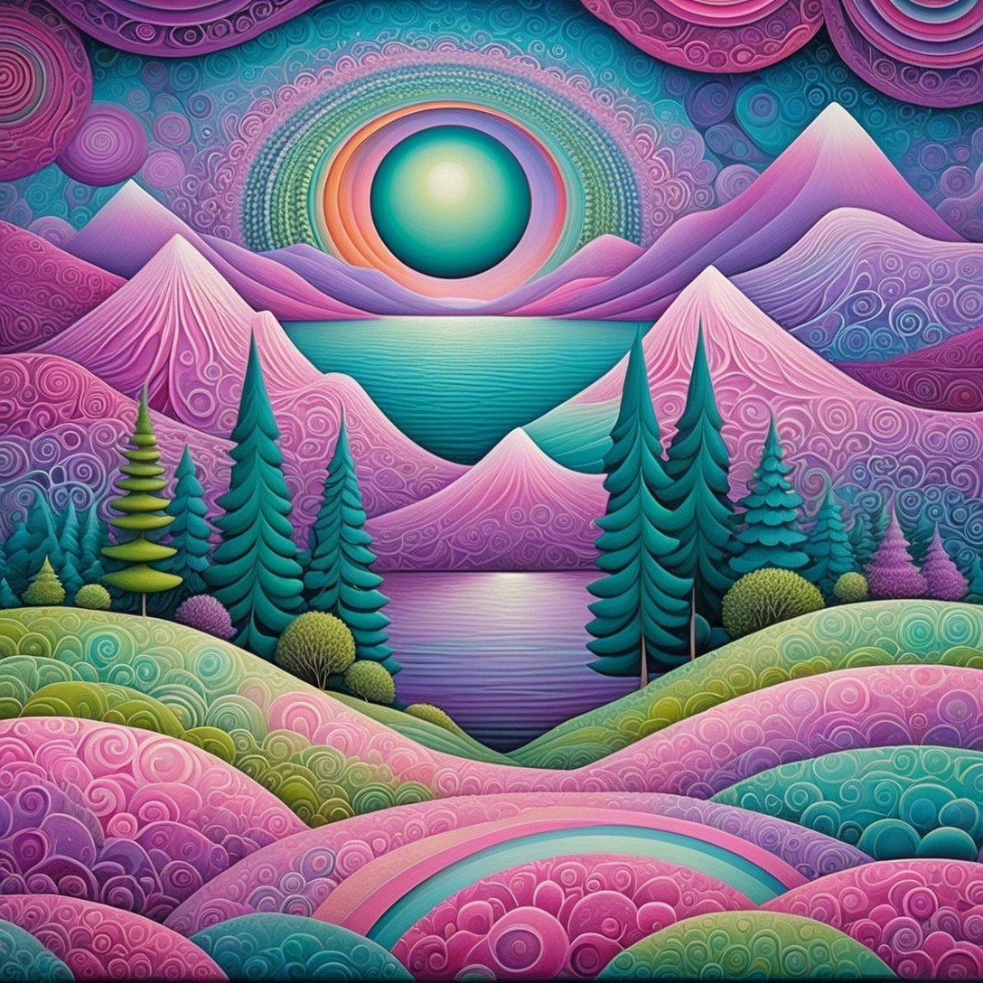Surreal Landscape with Colorful Hills and Mountains