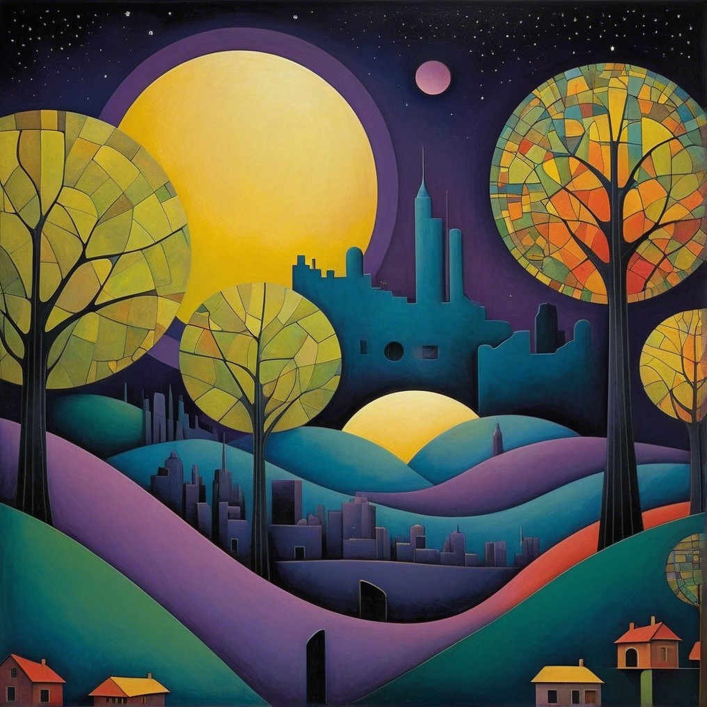 Vibrant Dreamlike Landscape with Urban Elements