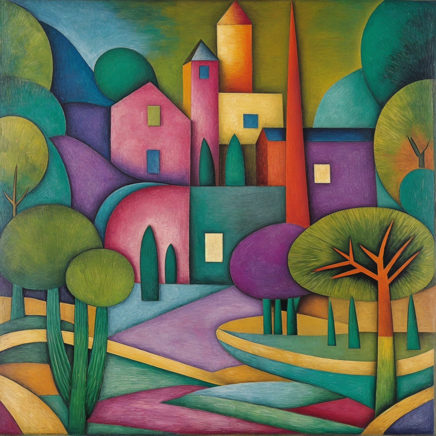 Vibrant Abstract Landscape with Stylized Buildings