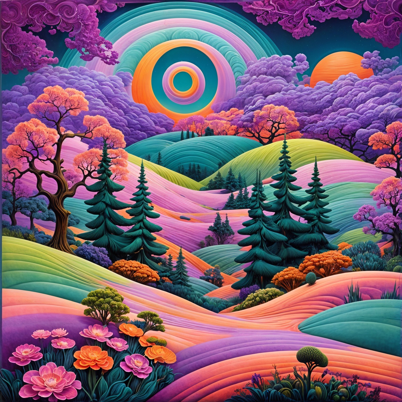 Vibrant Landscape with Rolling Hills and Colorful Sky