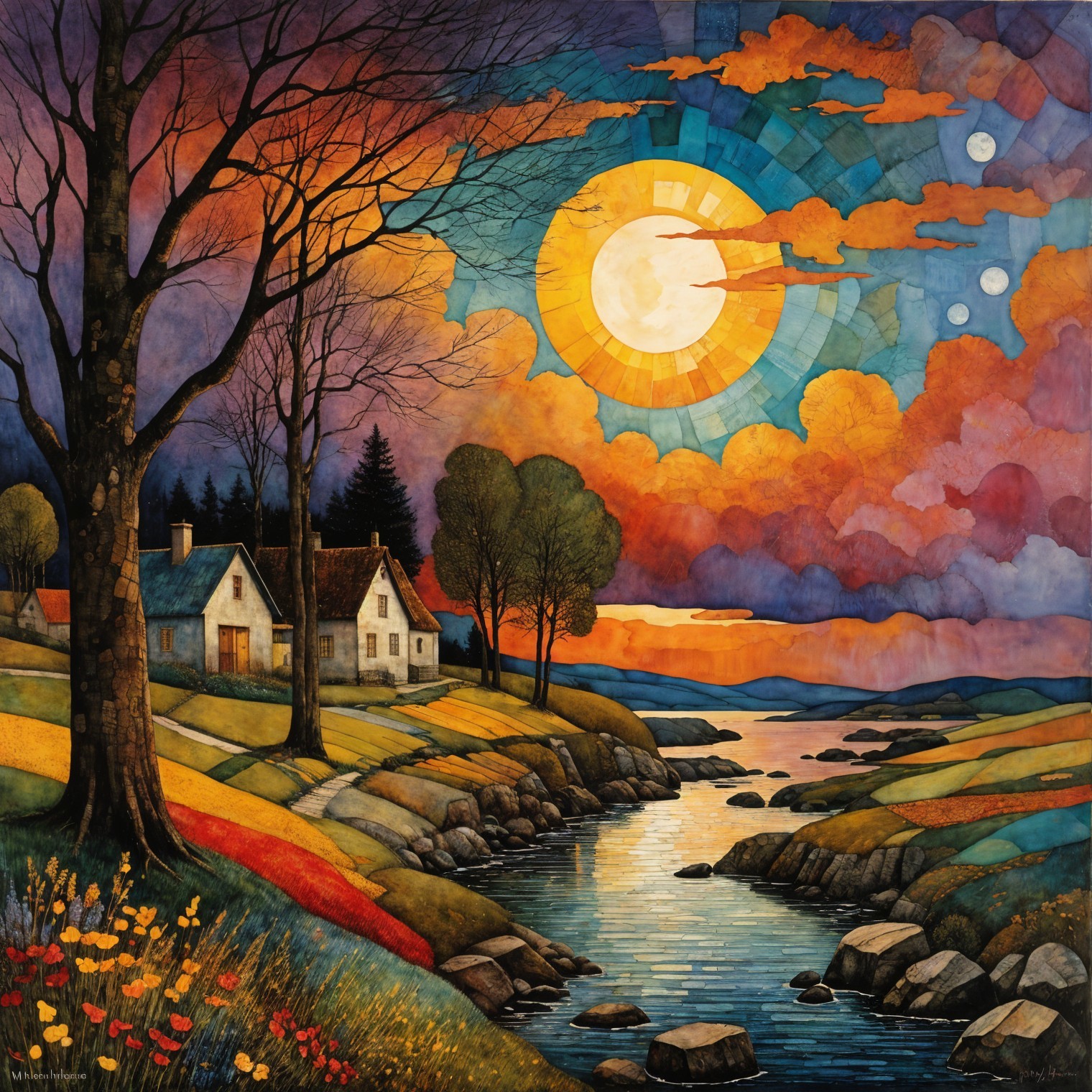 Serene Landscape with White House and Winding River