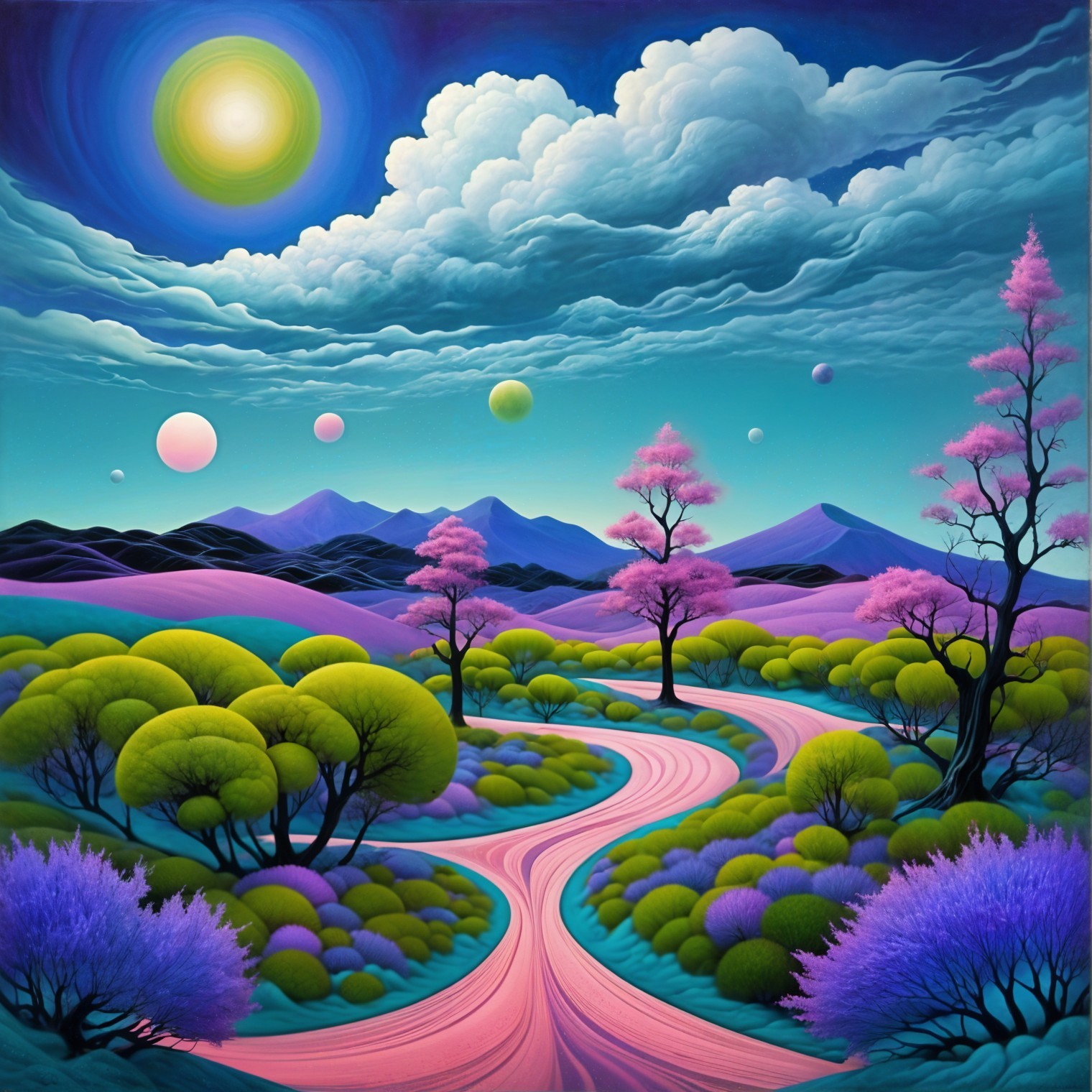 Surreal Landscape with Pink Road and Colorful Hills