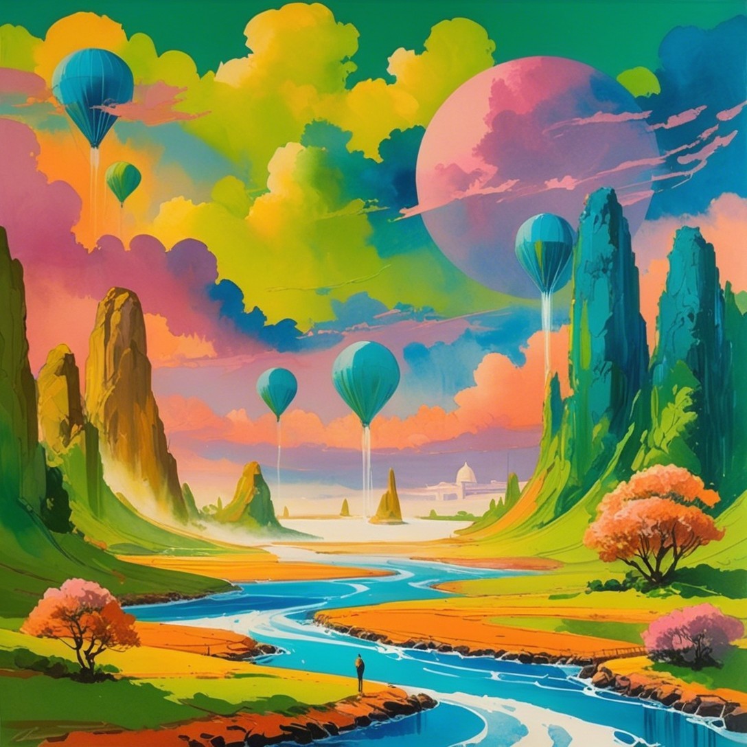 Vibrant Landscape with Rocks, River, and Balloons