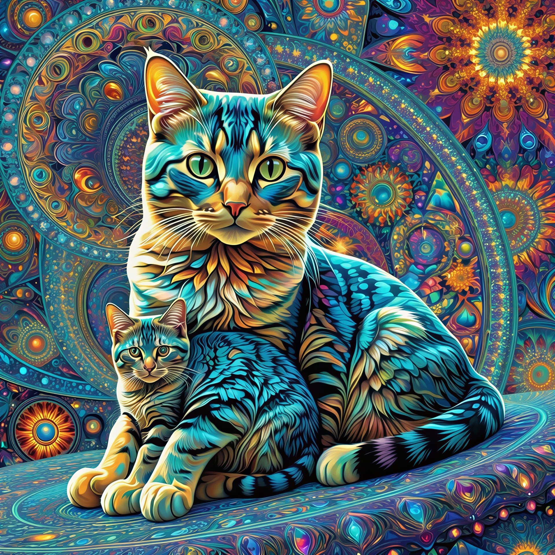 Psychedelic Cats with Mandala Background Art