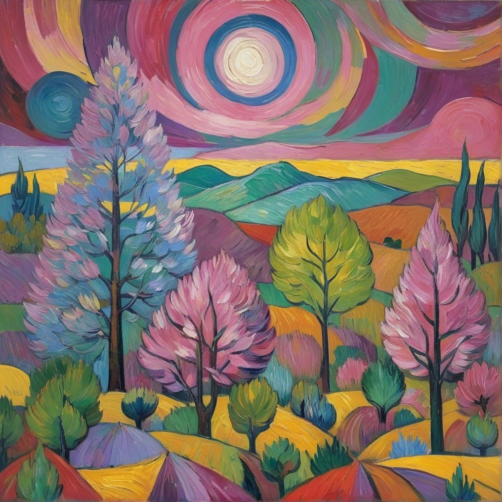Vibrant Abstract Landscape with Colorful Trees and Sky
