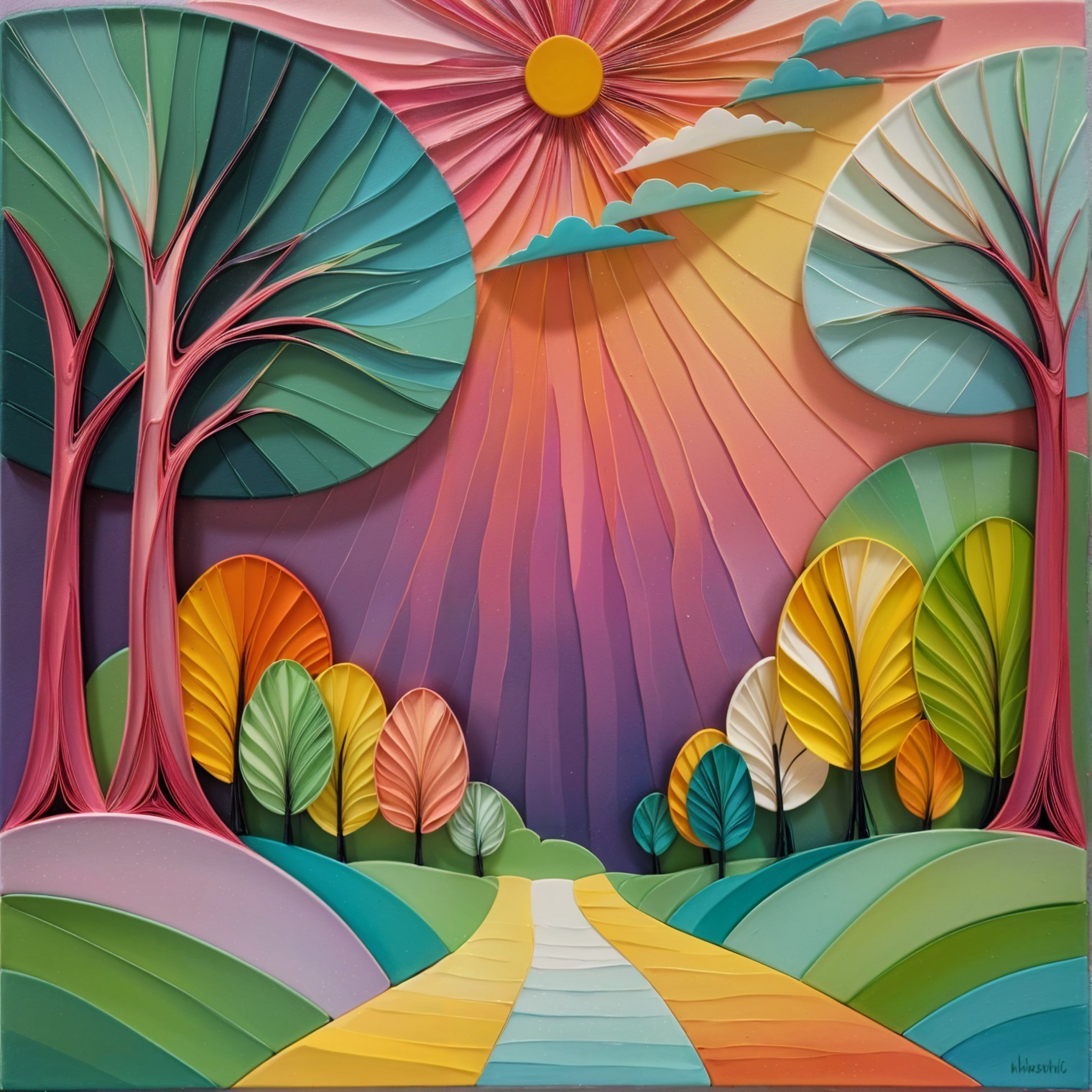 Vibrant Layered Artwork of Whimsical Landscape