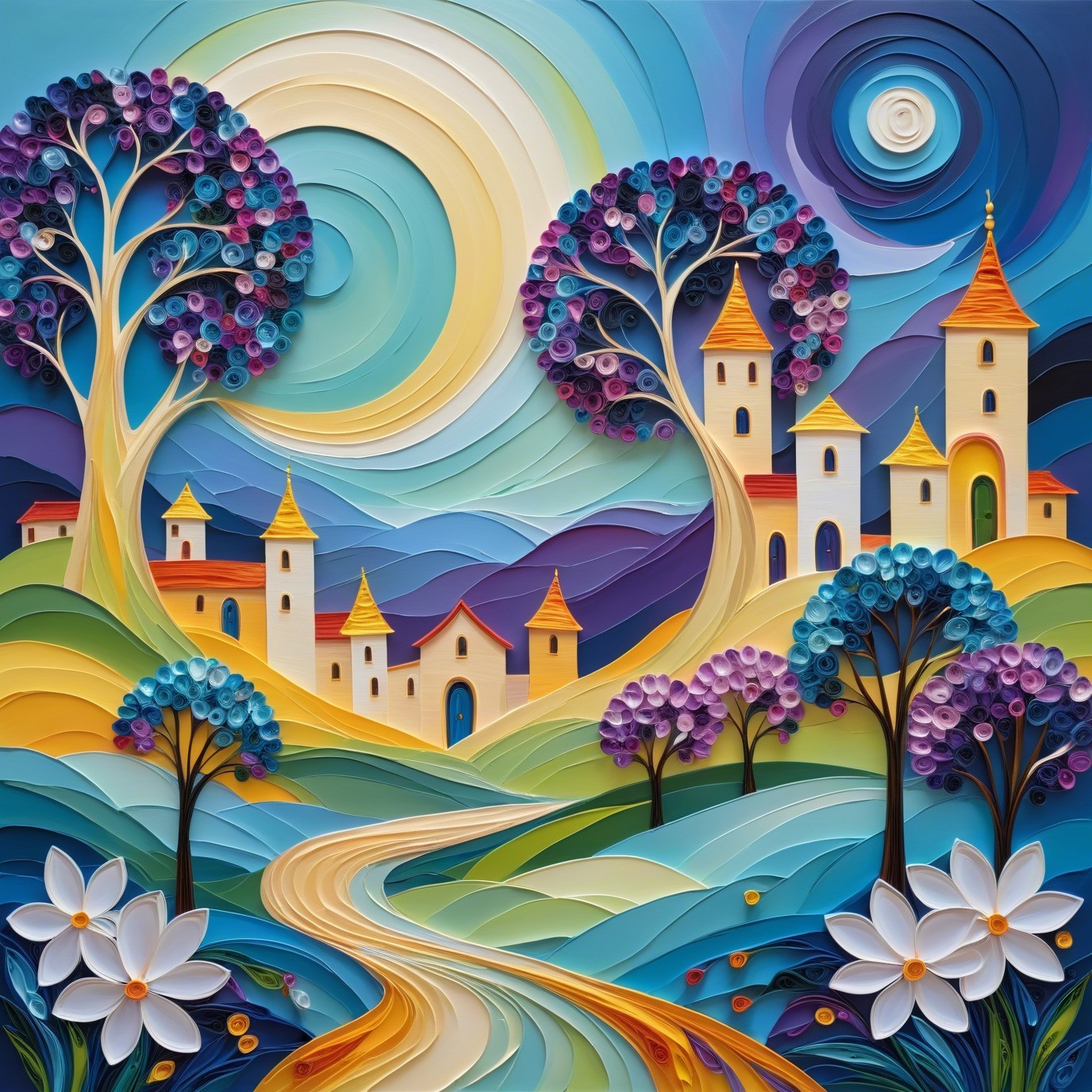 Vibrant Quilling Paper Art of a Colorful Village Landscape