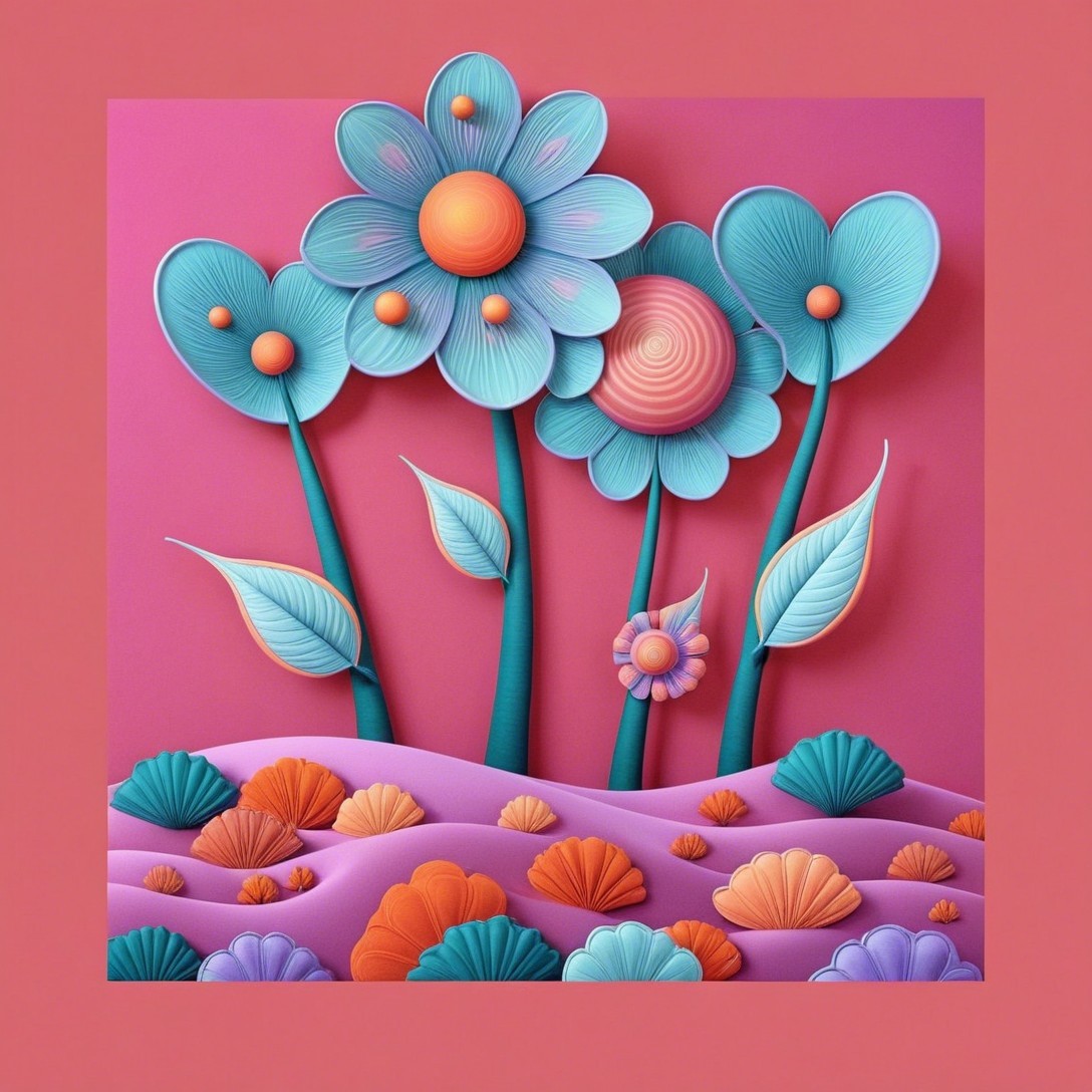 Vibrant 3D flowers in a whimsical garden scene
