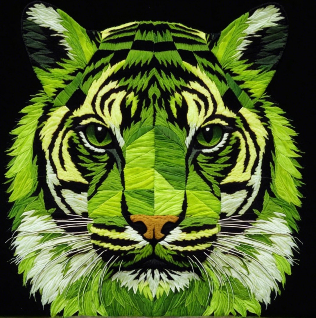 Quilt Design of a Tiger's Face in Green Shades