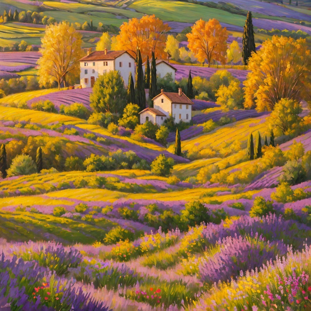 Vibrant Lavender Fields in Golden Light Landscape