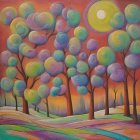 Surreal Landscape with Oversized Trees and Colorful Sky
