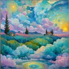 Vibrant landscape with colorful clouds and stylized houses