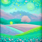 Vibrant landscape with rolling hills and dreamlike sky