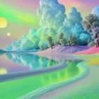 Vibrant Beach Scene with Colorful Sunset and Shoreline