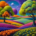 Surreal Landscape with Colorful Hills and Planets