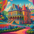 Surreal Landscape with Colorful Mansion and Abstract Sky