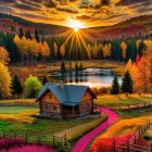 Serene Sunset Landscape with Red House and Lake