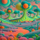 Surreal Landscape with Mushroom Structures and River