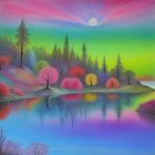 Surreal Landscape with Lake, Forest, and Full Moon