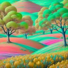 Surreal Landscape with Vibrant Colors and Whimsical Elements