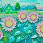 Whimsical Landscape with Blue House and Pastel Flowers