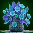 Vibrant Blue and Lavender Leaves in Green Mesh Vase