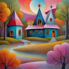 Whimsical Landscape with Colorful House and Pond