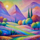 Vibrant Landscape with Colorful Trees and Surreal Clouds